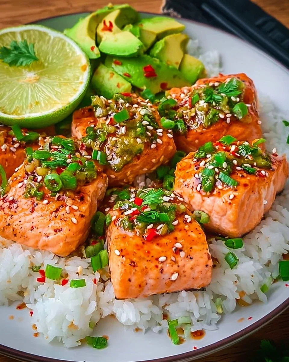Rosa Lachsfilet serviert mit Avocado und Sesam-Salsa auf einem Teller.
