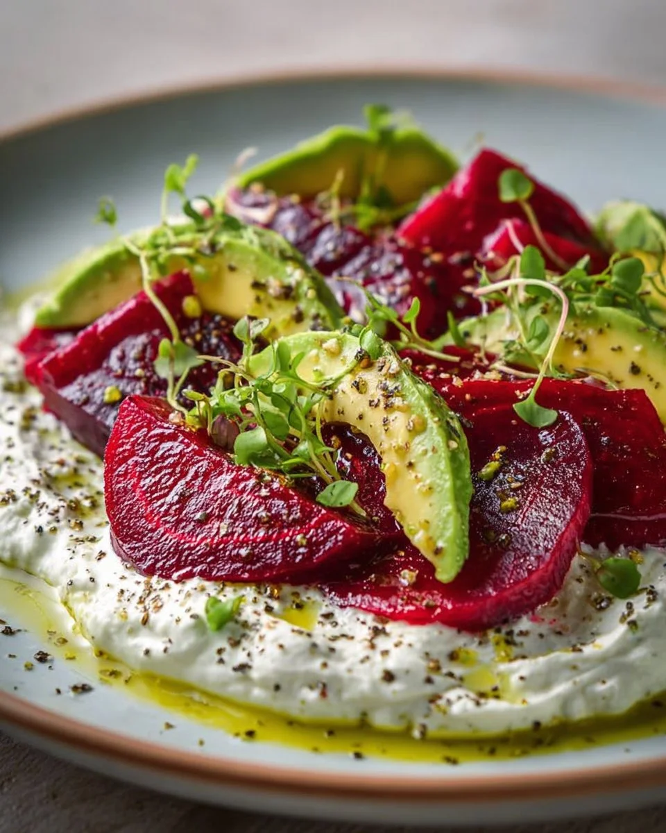Rote Bete Carpaccio auf Avocadocreme