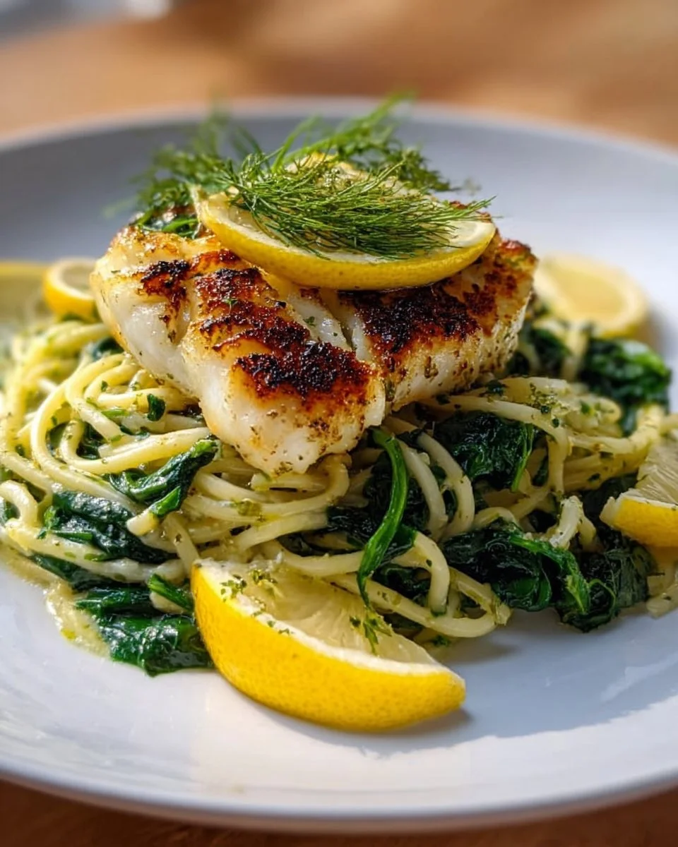 Seehechtfilet mit Zitronen-Dill-Sauce und Spaghetti