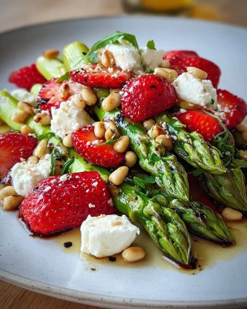 Spargelsalat mit Erdbeeren, Ziegenkäse und Pinienkernen auf einem Teller