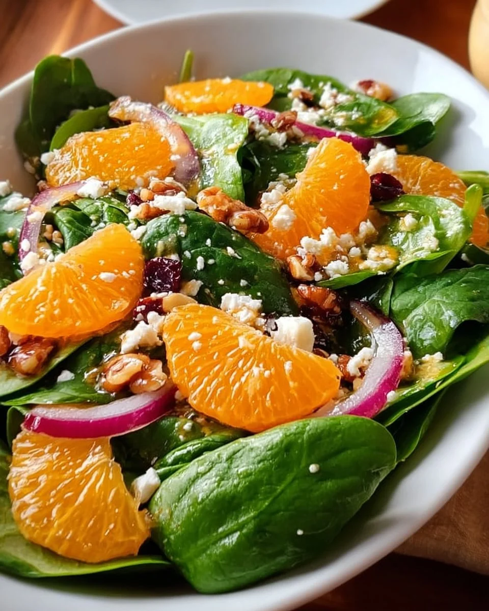 Süßer Spinatsalat mit Mandarinen auf einem Teller angerichtet