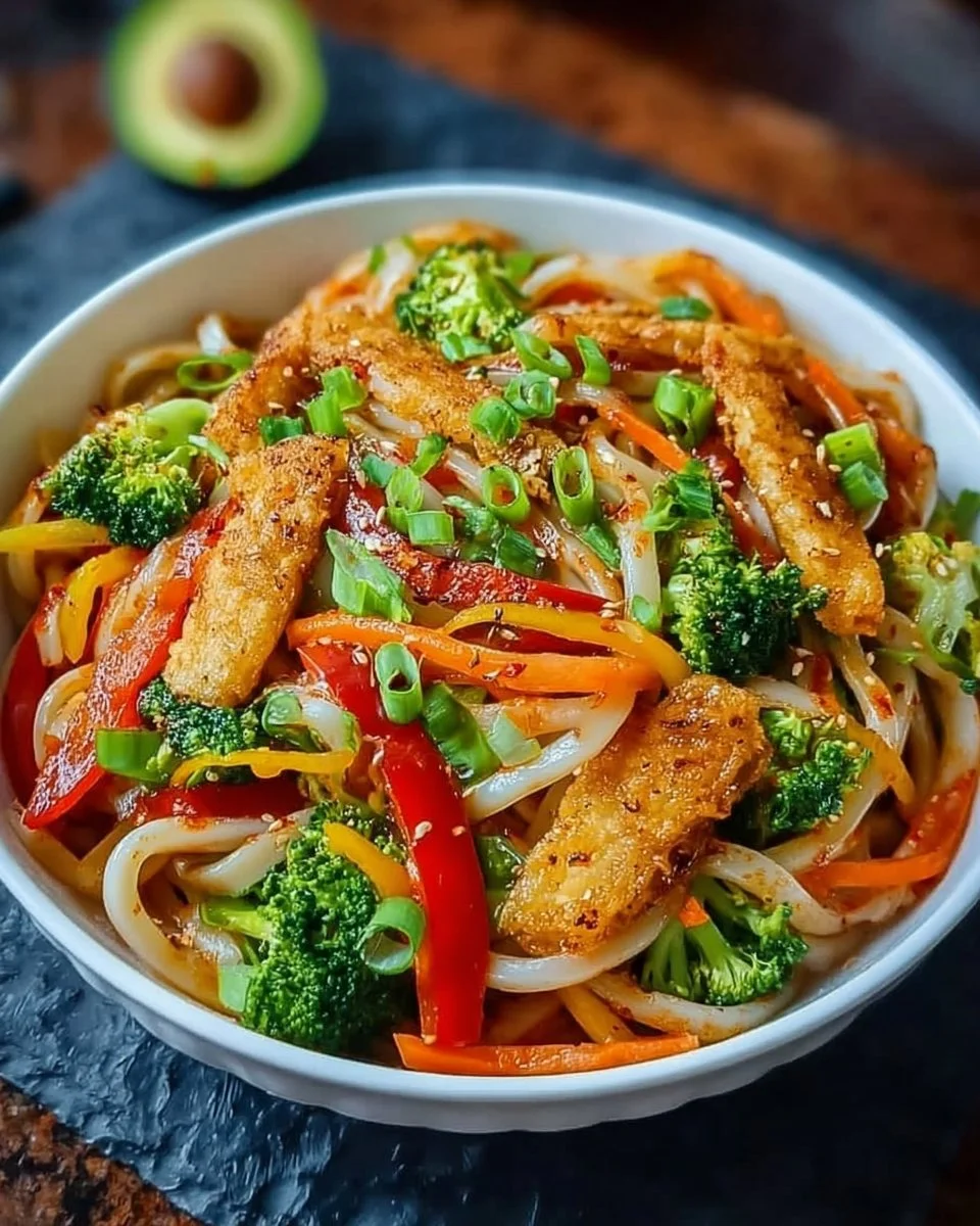 Würzige Udon-Nudeln serviert mit frischem Gemüse und Garnelen