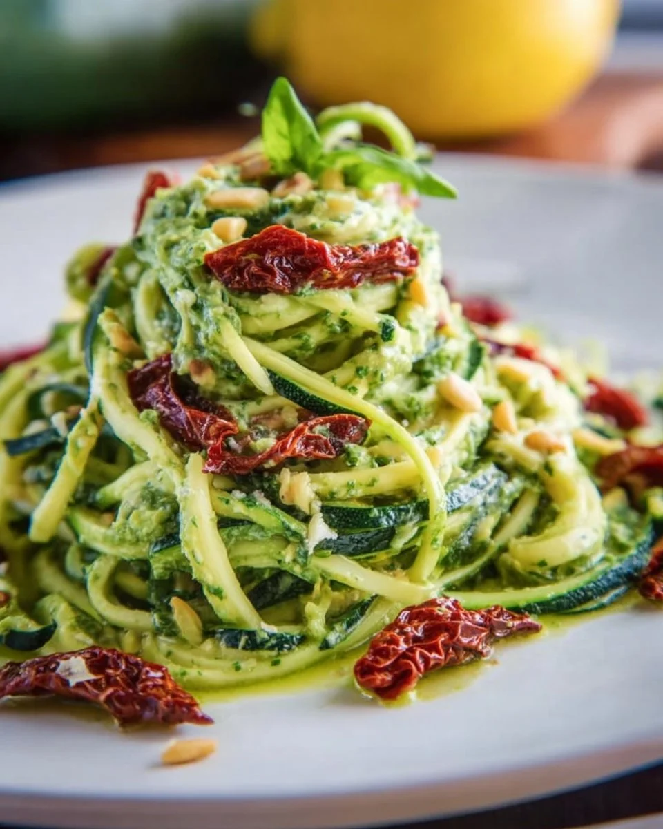 Avocado-Pesto-Zoodles mit sonnengetrockneten Tomaten auf einem Teller.