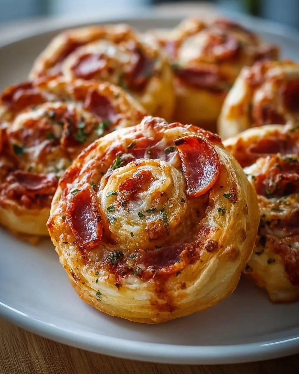 Leckere Blätterteig-Pizza-Schnecken aus dem Airfryer auf einem weißen Teller