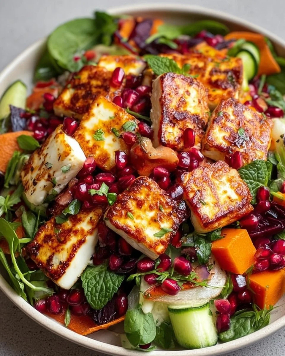 Bunter Halloumi Salat mit Granatapfel und frischen Zutaten