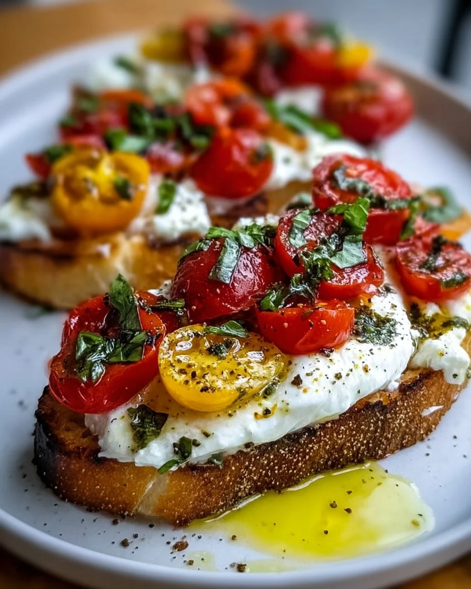 Leckere Burrata-Bruschetta mit frischen Tomaten und Basilikum