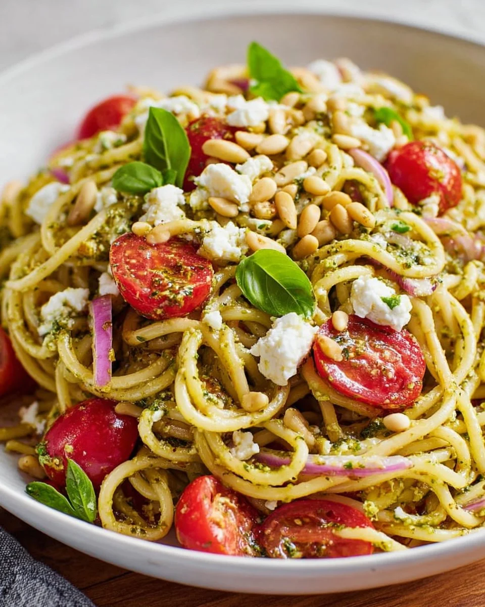 Einfacher italienischer Spaghettisalat mit Pesto