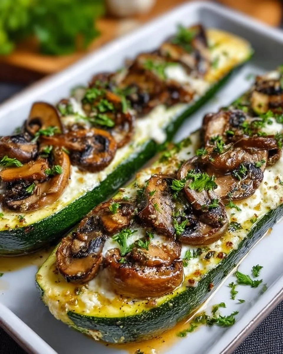 Gefüllte Zucchini mit Champignons auf einem Teller serviert.