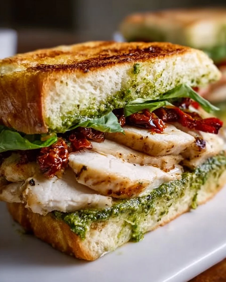 Hähnchen-Pesto-Sandwich mit frischem Brot und aromatischem Pesto