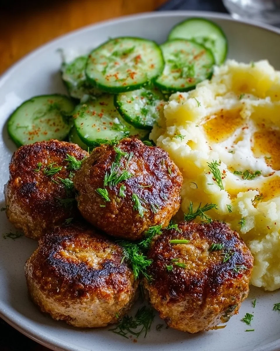 Herzhafte Fleischbällchen mit Gurkensalat und Kartoffelstampf