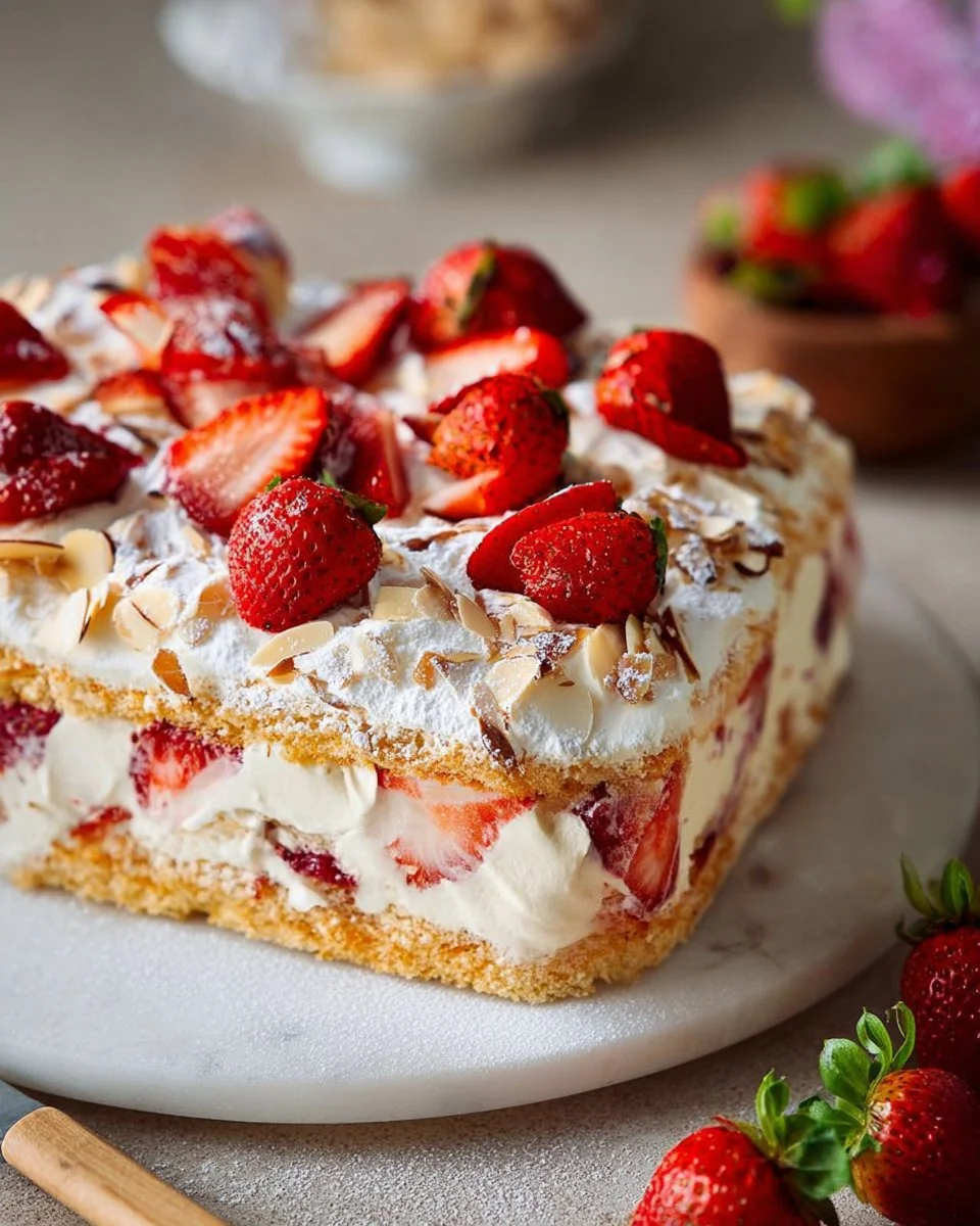 Himmelstorte vom Blech mit Erdbeeren