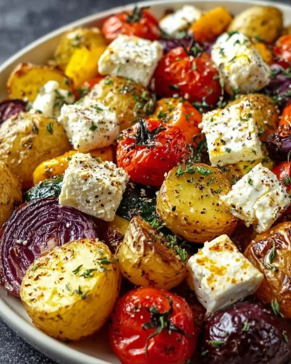 Knusprige Kartoffeln mit Feta und buntem Ofengemüse auf einem Teller.