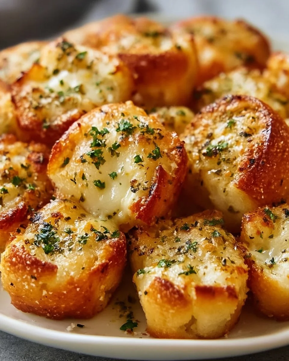 Knusprige Knoblauch-Käse-Häppchen auf einem Teller serviert