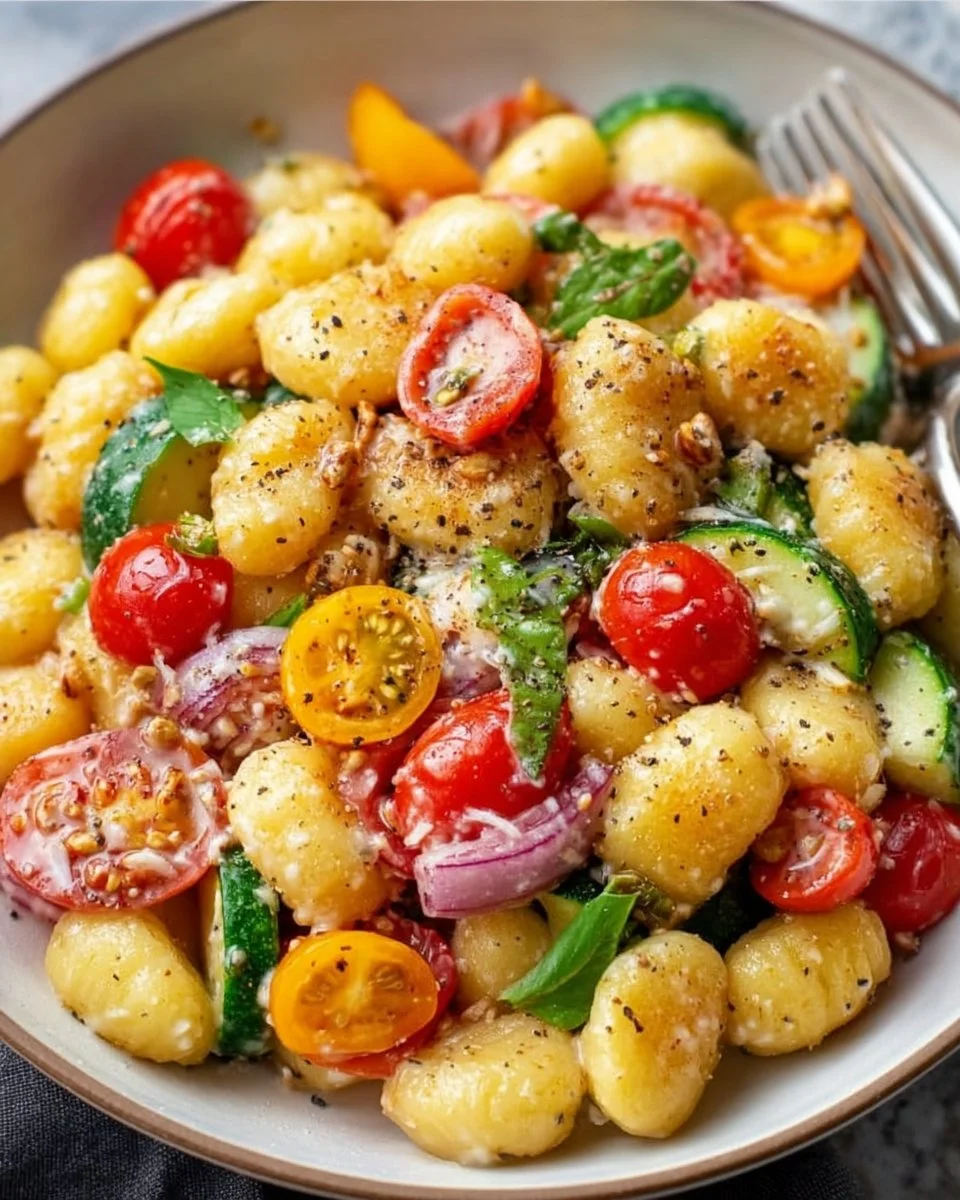 Knuspriger Gnocchi-Salat mit frischem Gemüse und Dressing