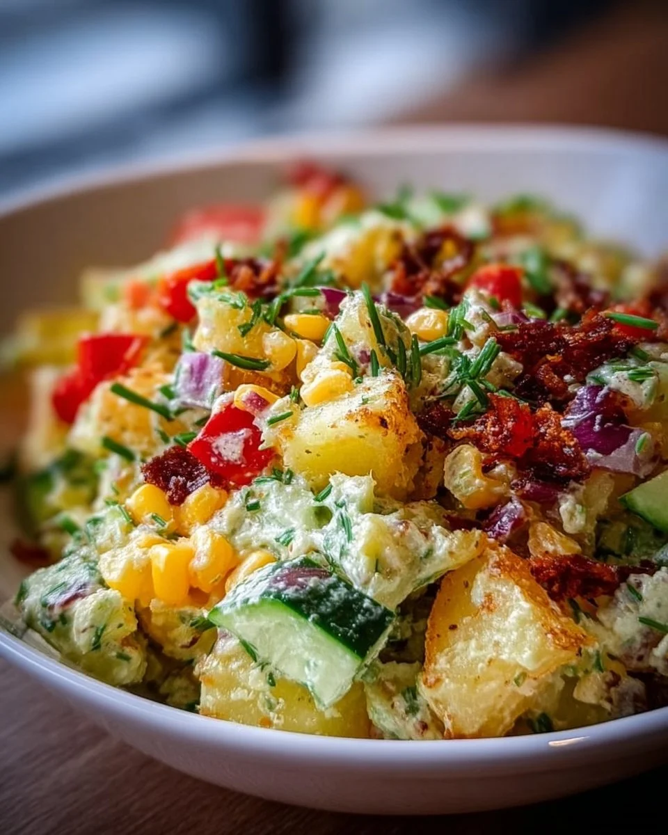 Knuspriger Kartoffelsalat mit frischen Zutaten und einer leckeren Vinaigrette