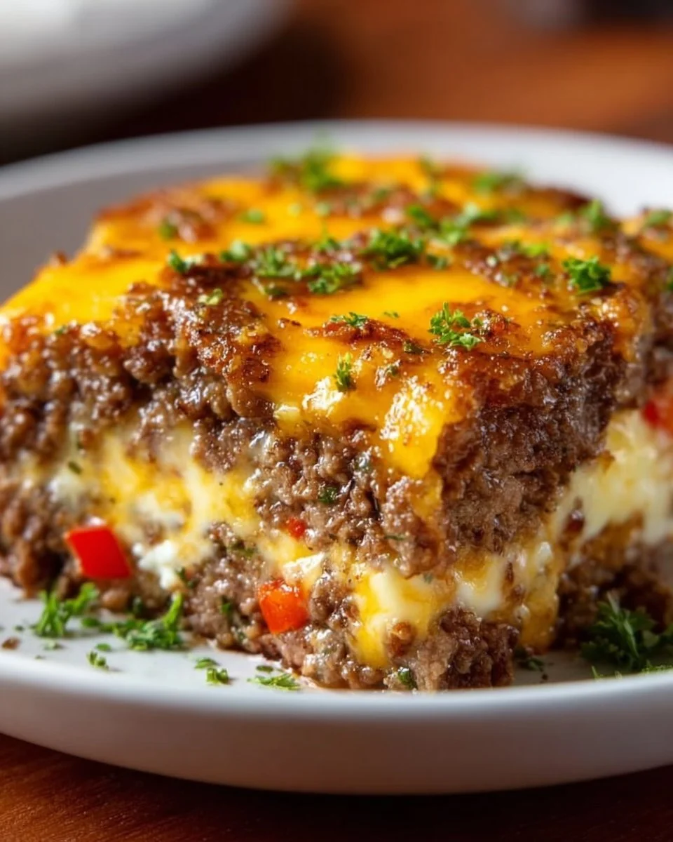 Low Carb Cheeseburger Auflauf auf einem Teller serviert