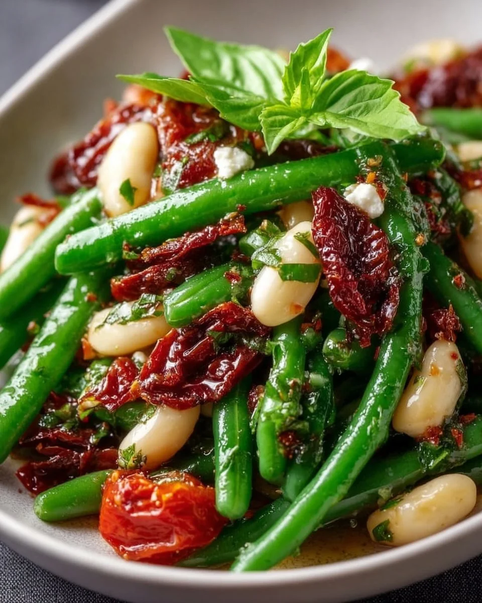 Marinierter Bohnensalat mit getrockneten Tomaten in einer Schüssel.