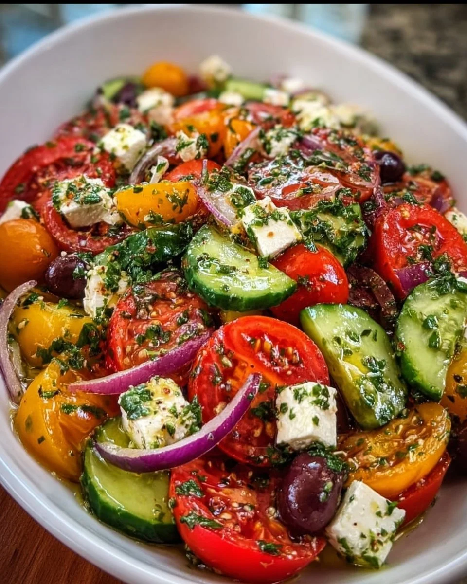 Leckerer mediterraner Salat für Grillabende mit frischen Zutaten.