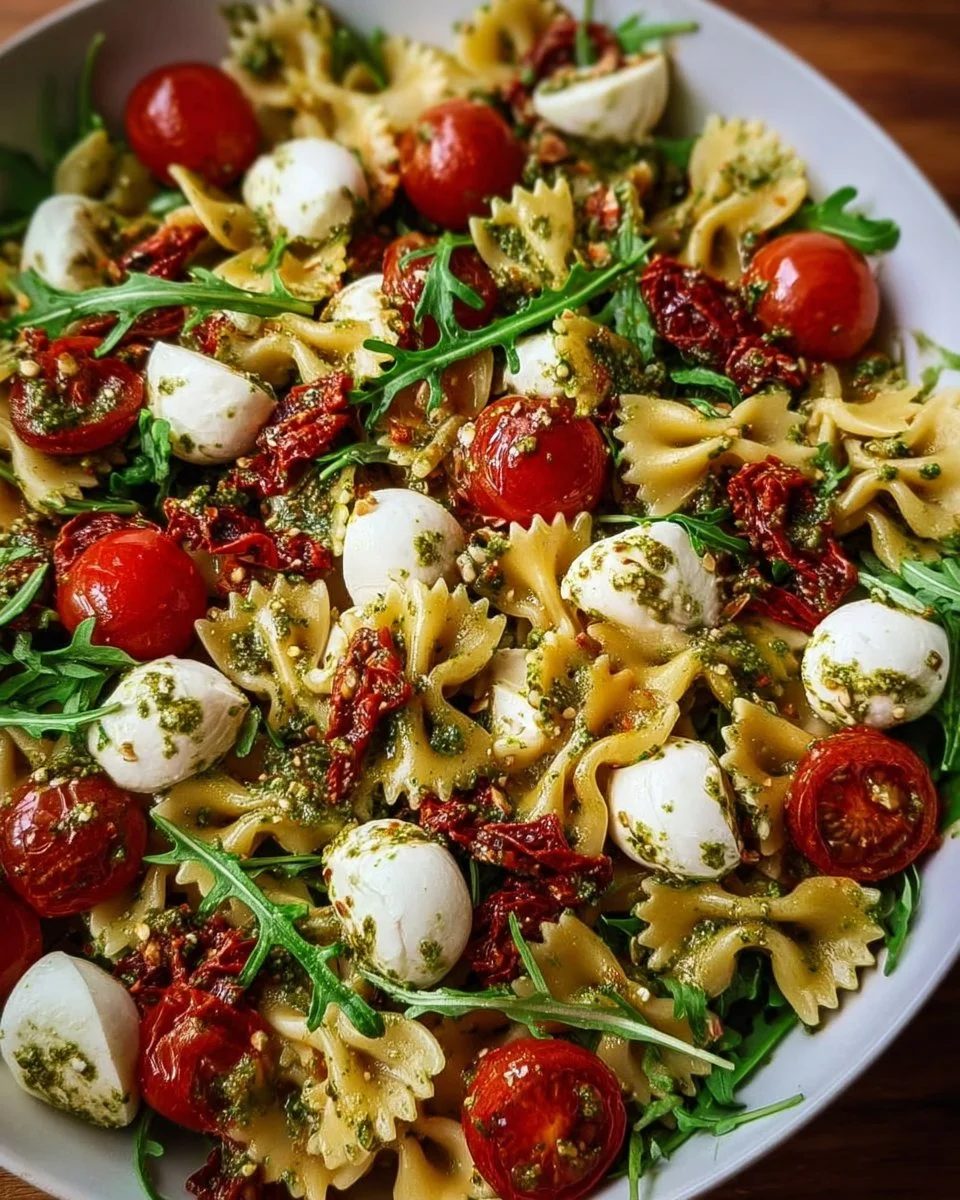 Mediterraner Nudelsalat mit Pesto, frisch und lecker angerichtet.