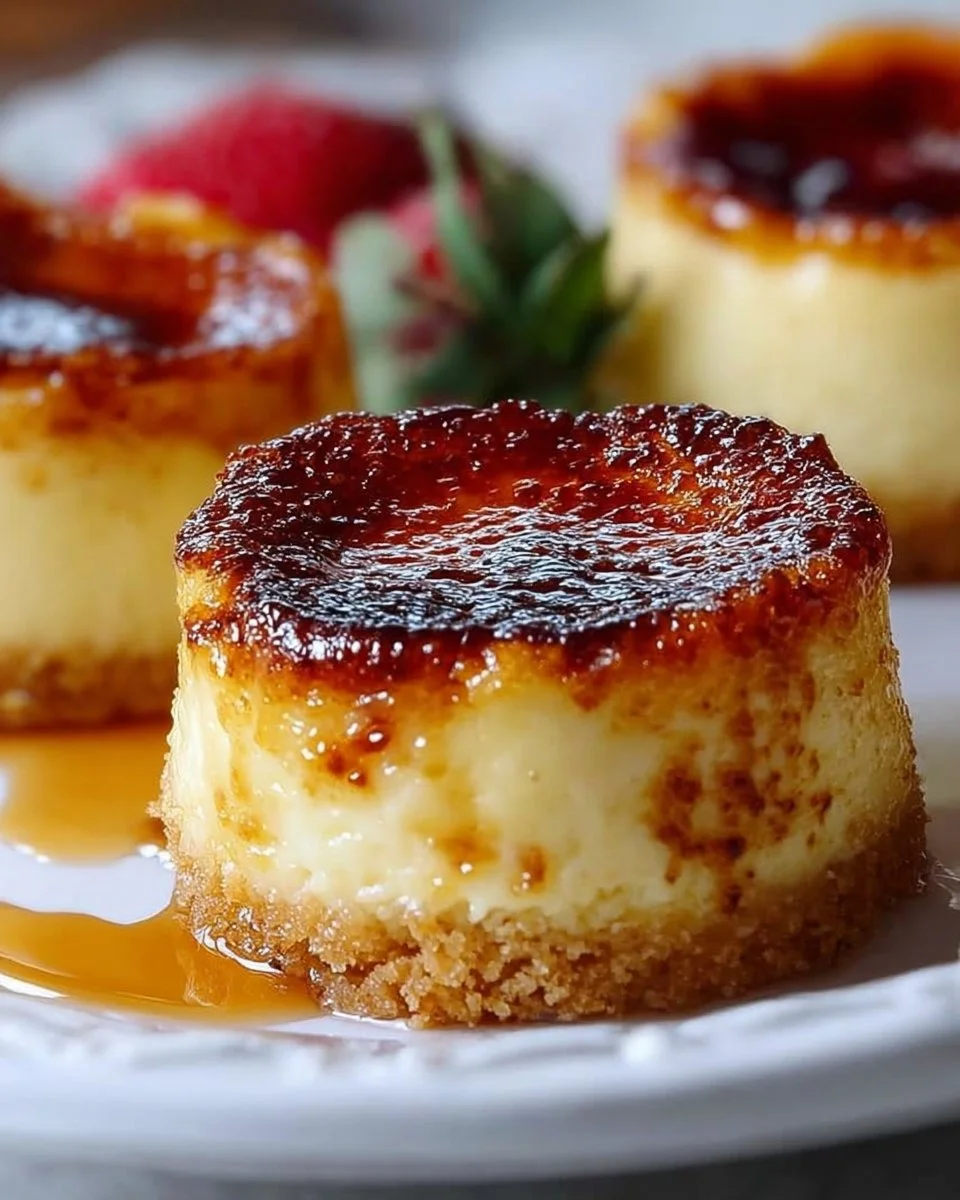 Mini Crème Brûlée Käsekuchen auf einem Teller garniert mit Karamellkruste