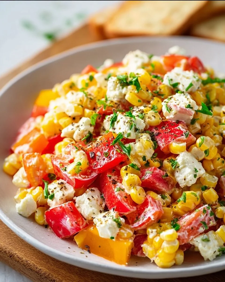 Paprika-Mais-Salat mit Feta und Joghurt-Dressing auf einem Teller
