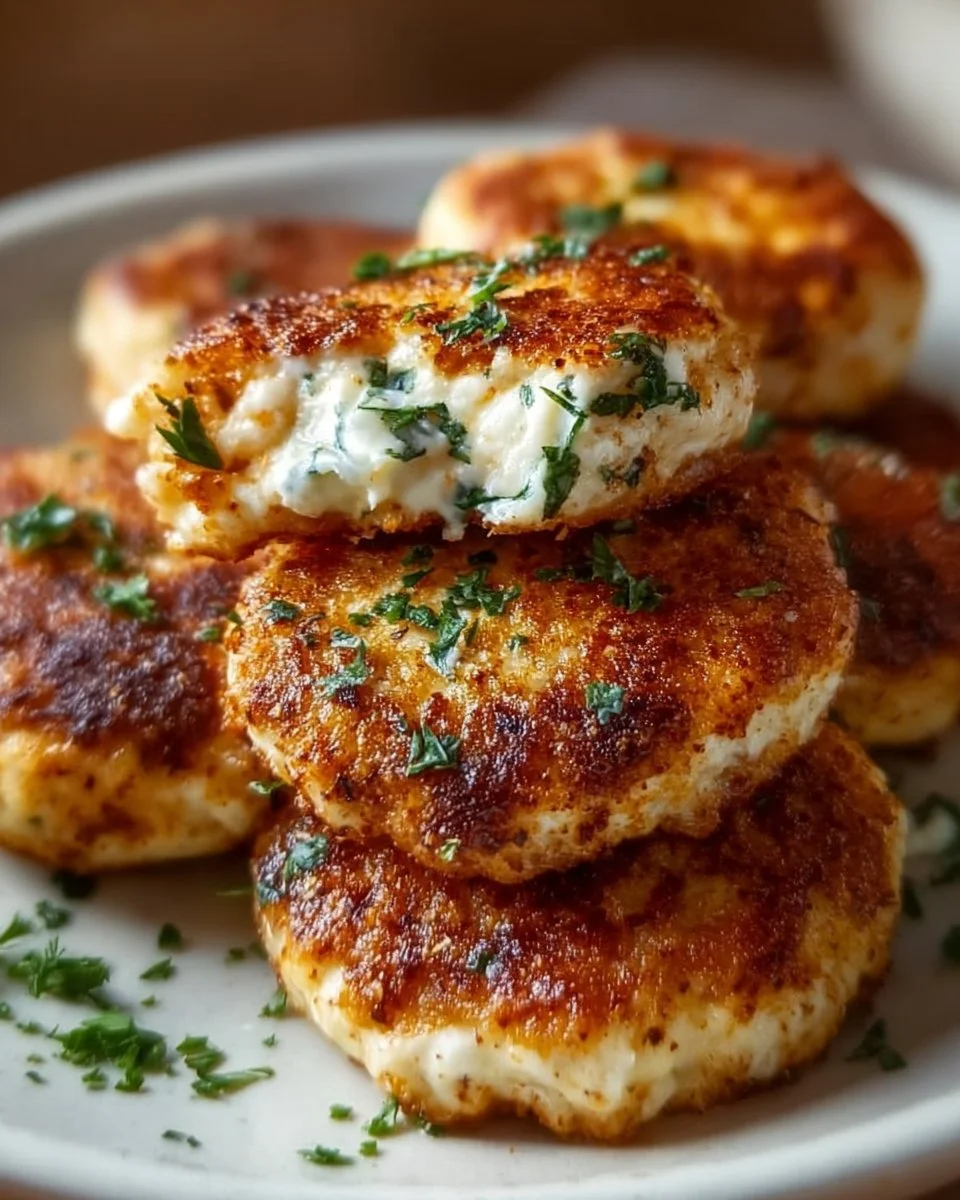 Proteinreiche Hüttenkäse-Patties auf einem Teller angerichtet