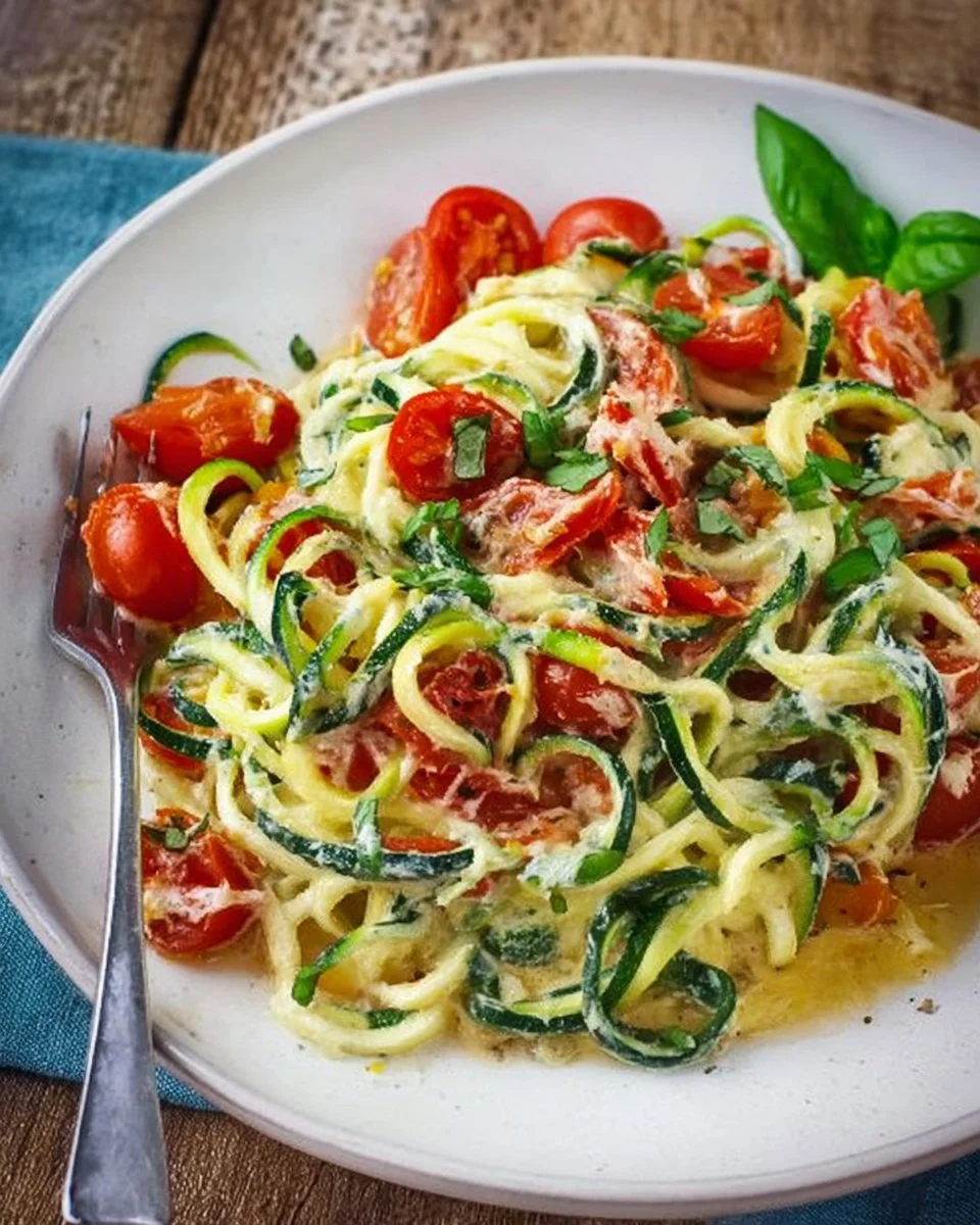 Schnelle Low Carb Zucchininudeln mit Frischkäse und Tomaten