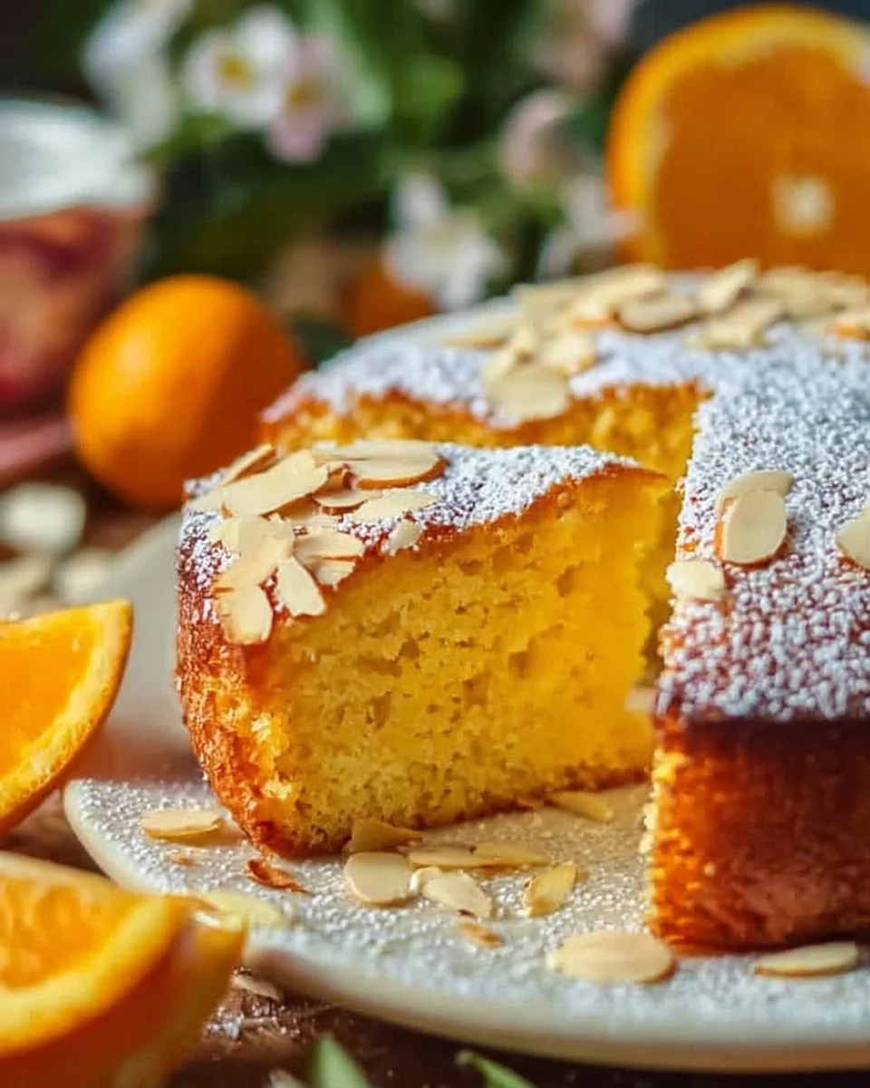 Saftiger spanischer Orangenkuchen ohne Mehl auf einem Teller dekoriert