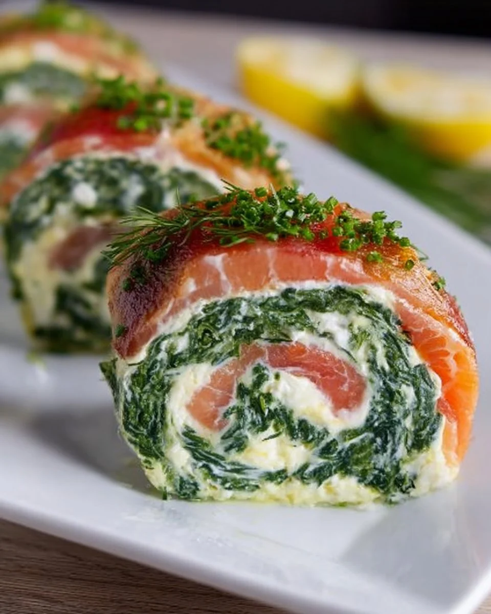 Schmackhafte Spinat-Lachs-Rolle auf einem Teller serviert