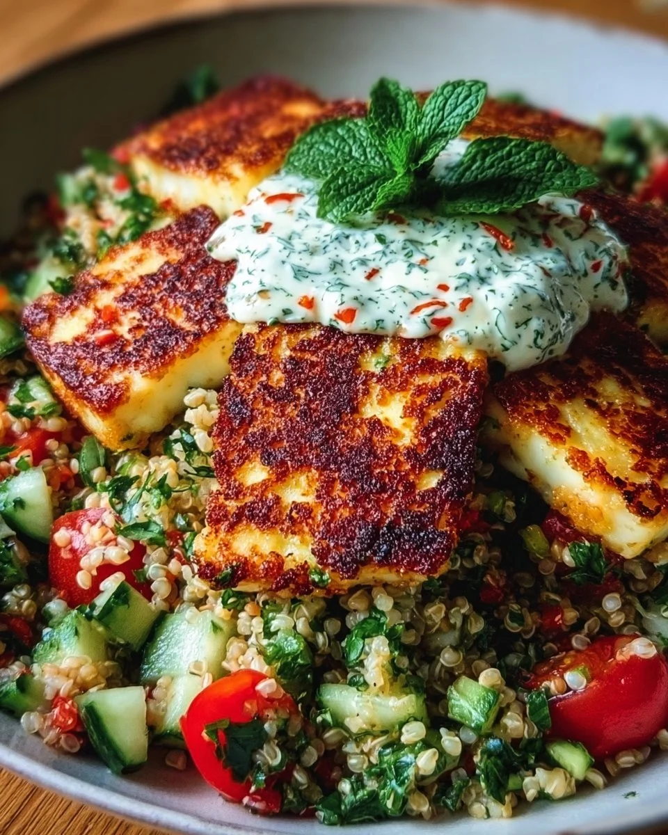 Würziger Halloumi mit Tabbouleh und Minzjoghurt