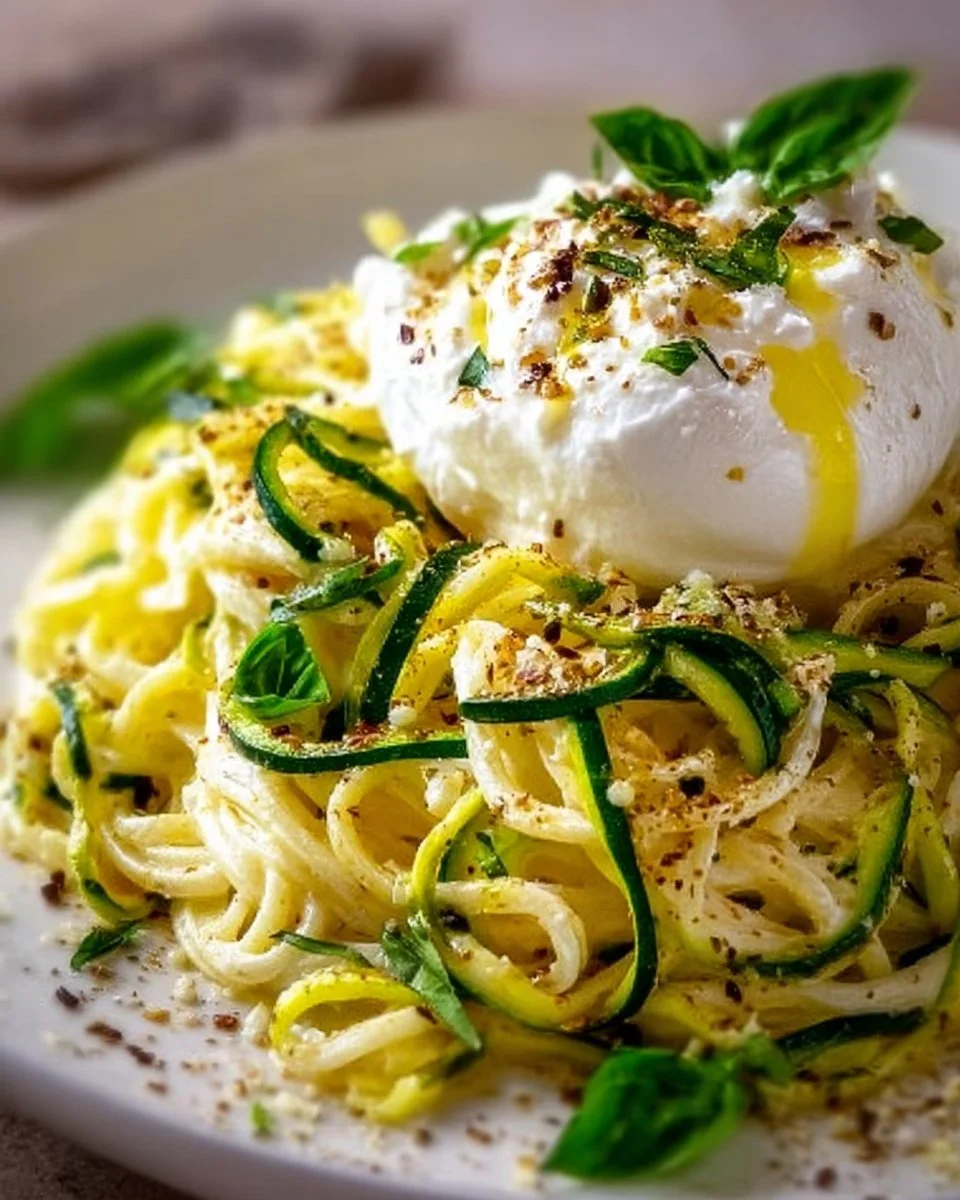 Zitronen-Zucchini-Pasta mit Burrata auf einem Teller serviert