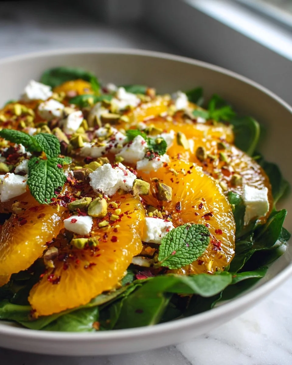 Zitrus-Feta-Salat mit Orangensegmenten, Pistazien und Minze